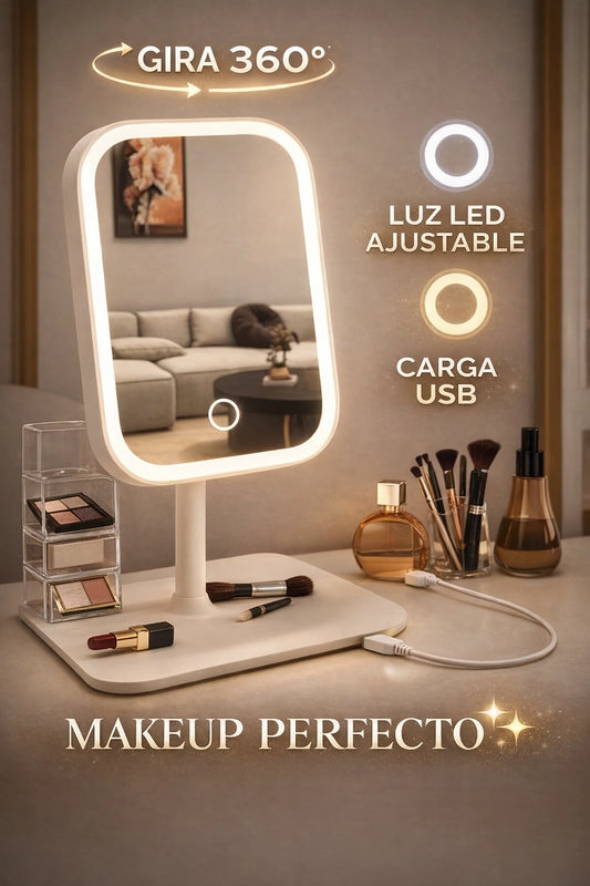 Espejo de maquillaje LED con luz ajustable.
